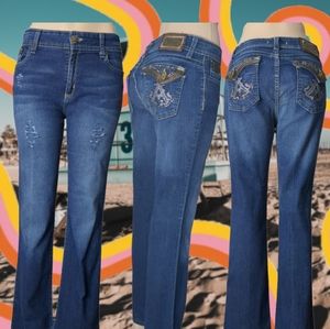 EX Special Collection Distressed Embellished Straight Leg Blue  Jean Size 11.